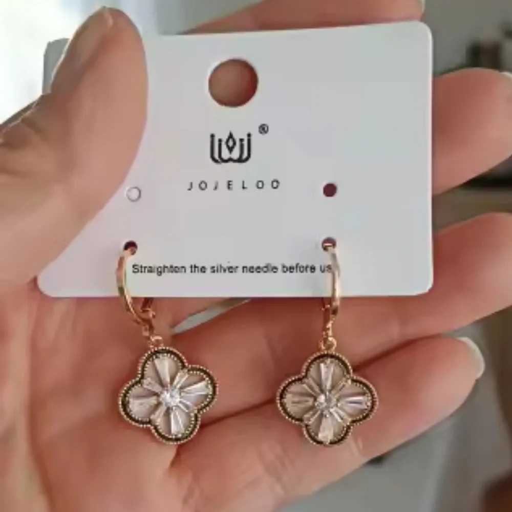 Clover Earrings Elegant Two-Sided Four-Leaf Clover Earrings โ Gold Plated - Picture 4 of 15